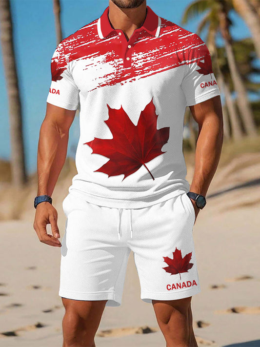Men's Canadian Maple Leaf Print Casual Two-Piece Set