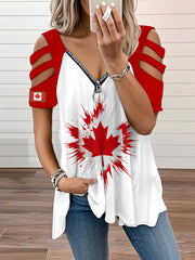 Women's Canada Flag Maple Leaf Short Sleeve V-neck Zipper T-shirt