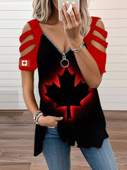 Women's Canada Flag Maple Leaf Short Sleeve V-neck Zipper T-shirt