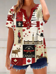 Women's Vintage Canadian Print Button Design V-Neck Casual Shirt