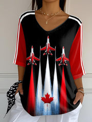 Women's Patriotic Canadian Air Plane Canada Flag and Maple Leaf Casual V-Neck T-Shirt