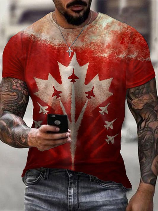 Men's Patriotic Canadian Air Plane And Maple Leaf Print Casual Tee