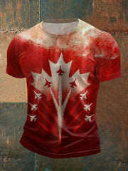 Men's Patriotic Canadian Air Plane And Maple Leaf Print Casual Tee