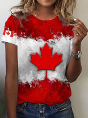 Women's Canadian Flag Maple Leaf Print Casual Tee
