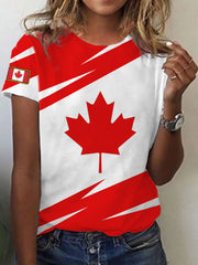 Women's Canadian Flag Maple Leaf Print Casual Tee