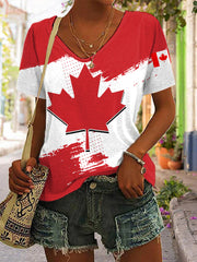 Women's Canadian Flag Maple Leaf Print Casual V-Neck Tee