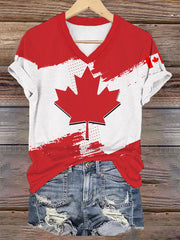 Women's Canadian Flag Maple Leaf Print Casual V-Neck Tee
