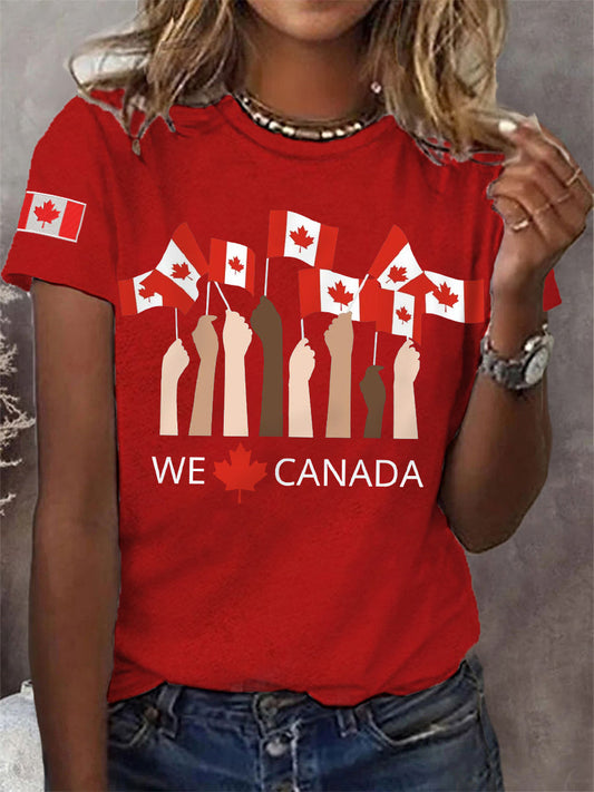 Women's Proud To Be Canadian,Canadian Flag Print Casual Tee