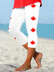 Women's Canadian Flag Maple Leaf Print Casual Cropped Leggings