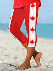 Women's Canadian Flag Maple Leaf Print Casual Cropped Leggings
