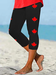 Women's Canadian Flag Maple Leaf Print Casual Cropped Leggings