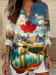 Women's Canadian Maple Leaf Landscape Print Casual Long Sleeve Shirt