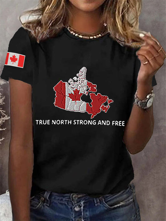 Women's True North Strong And Free Canadian Flag Print Casual Tee