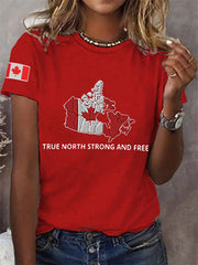 Women's True North Strong And Free Canadian Flag Print Casual Tee