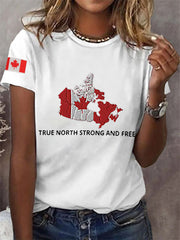 Women's True North Strong And Free Canadian Flag Print Casual Tee