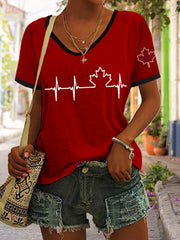 Women's Canadian Maple Leaf Print Casual V-Neck Tee