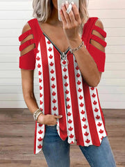 Women's Canadian Maple Leaf Print Casual Zip-Up V-Neck Off-Shoulder Top