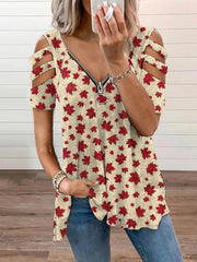 Women's Canadian Maple Leaf Print Casual Zipper V-Neck Off-Shoulder Top