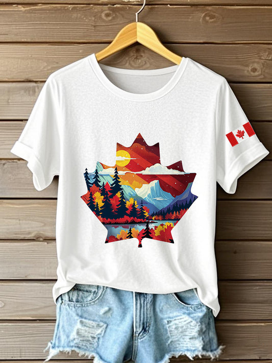 Women's Canadian Maple Leaf Landscape Print Casual Short Sleeve T-shirt