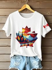 Women's Canadian Maple Leaf Landscape Print Casual Short Sleeve T-shirt
