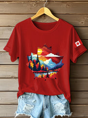Women's Canadian Maple Leaf Landscape Print Casual Short Sleeve T-shirt