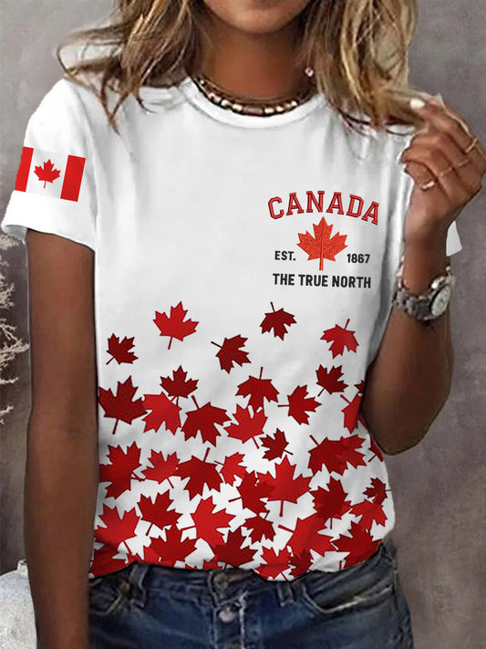 Women's Canada Est 1867 The True North Strong And Free Canadian Maple Leaf Print Casual Tee