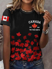 Women's Canada Est 1867 The True North Strong And Free Canadian Maple Leaf Print Casual Tee