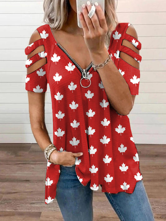 Women's Canadian Maple Leaf Print Casual V-Neck Zipper Top