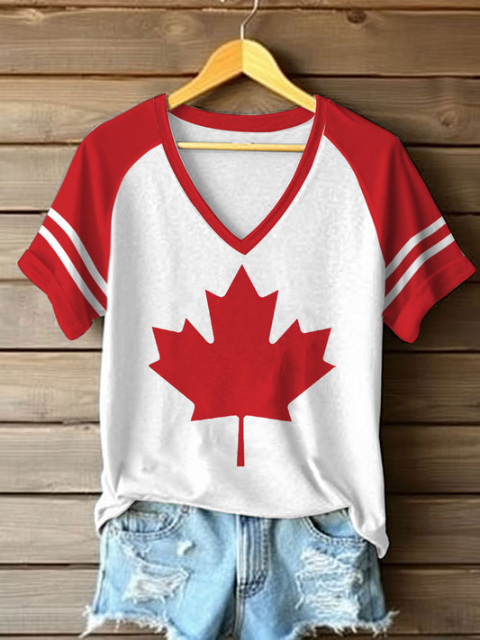 Women's Canadian Maple Leaf Print Casual V-Neck Tee