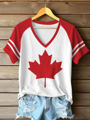 Women's Canadian Maple Leaf Print Casual V-Neck Tee