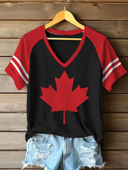 Women's Canadian Maple Leaf Print Casual V-Neck Tee
