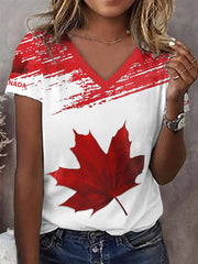 Women's Canadian Maple Leaf Print Casual V-Neck Tee