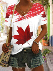 Women's Canadian Maple Leaf Print Casual V-Neck Tee
