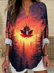 Women's Canadian Flag Maple Leaf Print Vintage Casual Long Sleeve Shirt