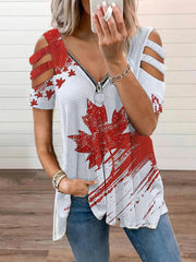 Women's Canadian Flag Maple Leaf Print V-neck zipper T-shirt