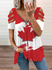 Women's Canadian Maple Leaf Print Casual Zipper V-Neck Tee
