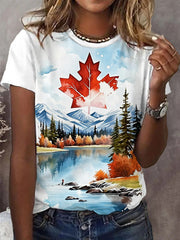 Women's Canadian Maple Leaf Landscape Print Casual Tee