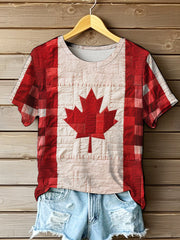 Women's Vintage Patchwork Canadian Maple Leaf Print Casual Tee