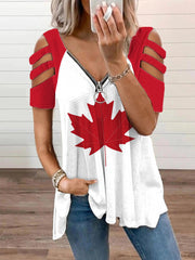 Women's Canadian Maple Leaf Print Casual Zip-Up V-Neck Off-Shoulder Top