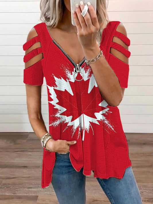 Women's Canadian Maple Leaf Print Casual Zip-Up V-Neck Off-Shoulder Top