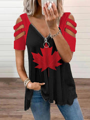 Women's Canadian Maple Leaf Print Casual Zip-Up V-Neck Off-Shoulder Top