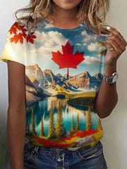 Women's Canadian Maple Leaf Landscape Print Casual Short-sleeve T-shirt