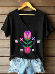 Women's Indigenous Inspired Floral Print V-Neck T-Shirt