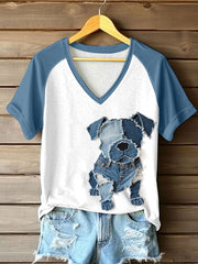 Women's Cute Dog Patchwork Art V-Neck T-Shirt