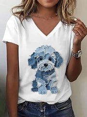 Women's Cute Dog Patchwork Art V-Neck T-Shirt