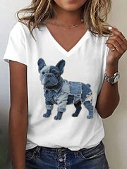 Women's Bulldog Pattern Patchwork Art V-Neck T-Shirt