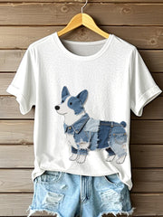 Women's Lovely Corgi Pattern Patchwork Art T-Shirt