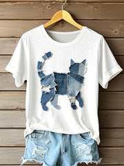 Women's Cute Cat Denim Patchwork Art T-Shirt