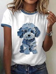 Women's Cute Dog Denim Patchwork Art T-shirt