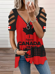 Women's Happy Canada Day Canadian Maple Leaf  Print Casual V-Neck T-Shirt